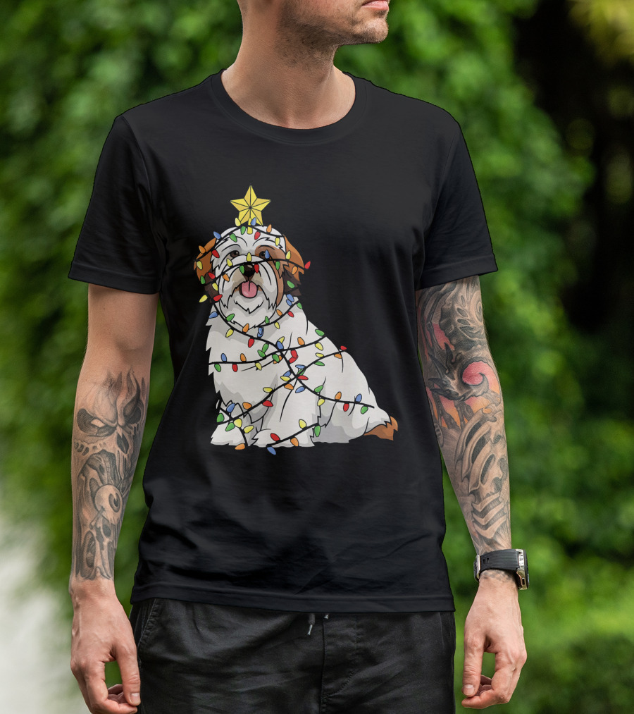 Xmas Tree Lhasa Apso Dog Lover Wrapped In Christmas Lights T-Shirt