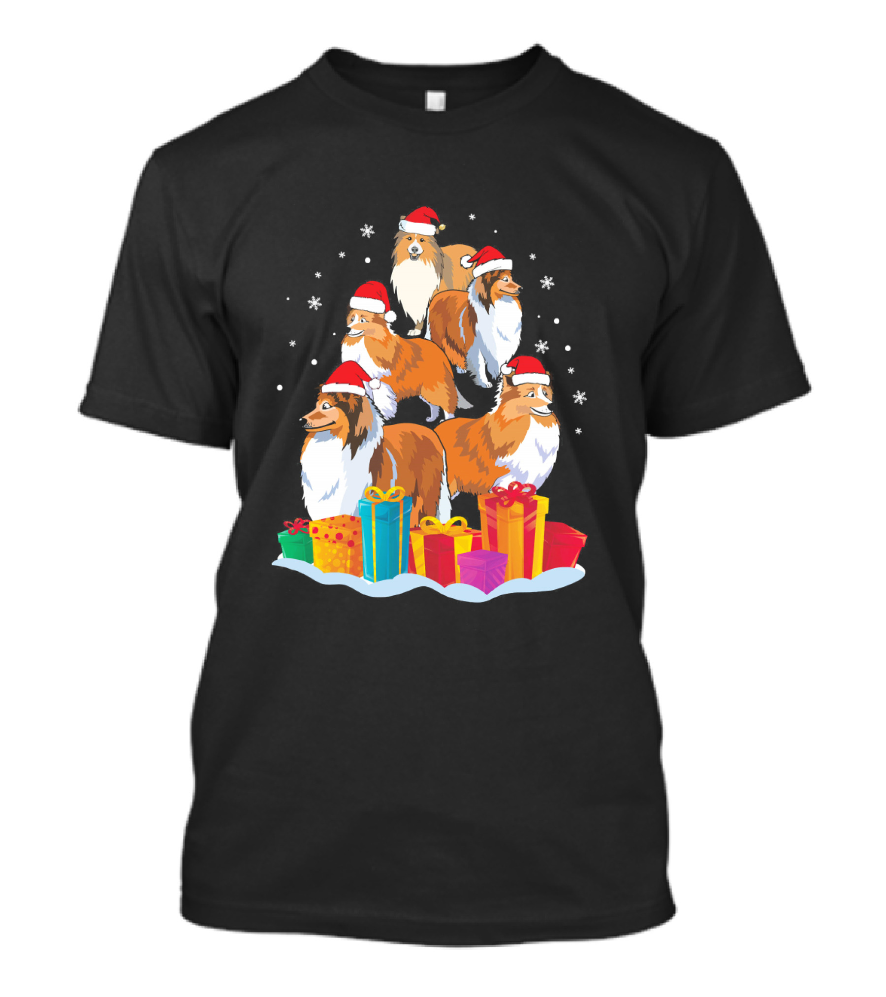 Five Shelties With Noel Hats And Colorful Xmas Presents Snowflakes T-Shirt