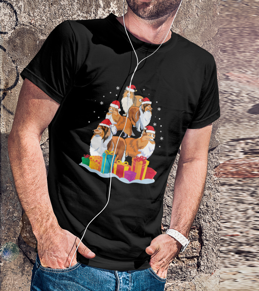 Five Shelties With Noel Hats And Colorful Xmas Presents Snowflakes T-Shirt