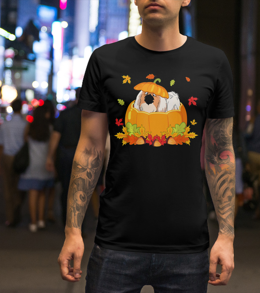 Thanksgiving Pekingese Inside Pumpkin With Autumn Leaves T-Shirt
