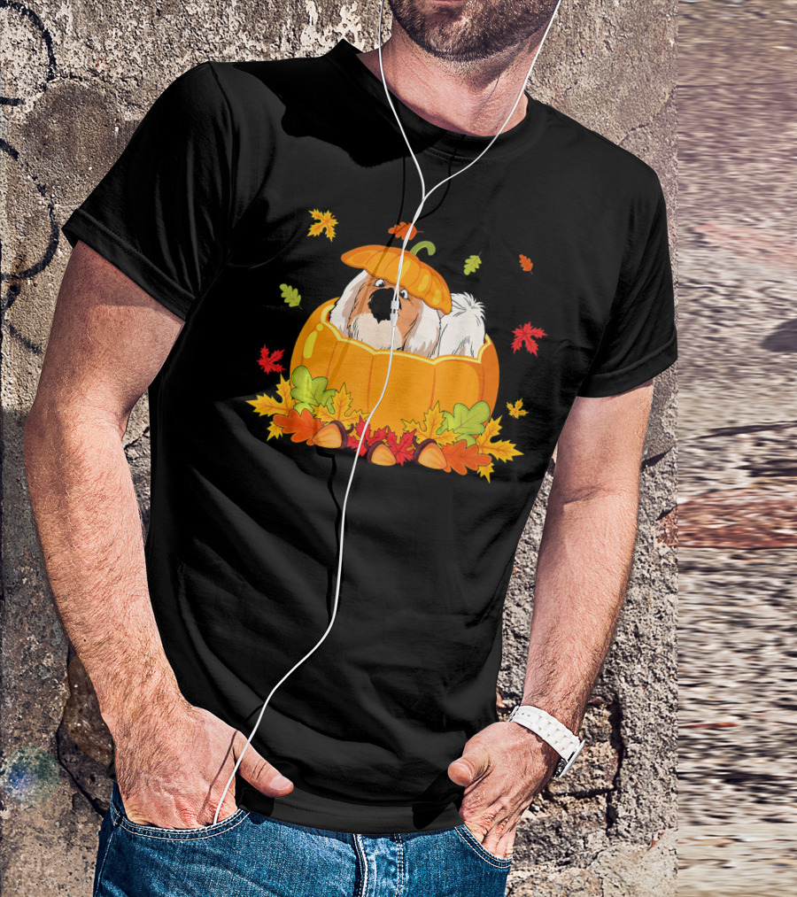 Thanksgiving Pekingese Inside Pumpkin With Autumn Leaves T-Shirt