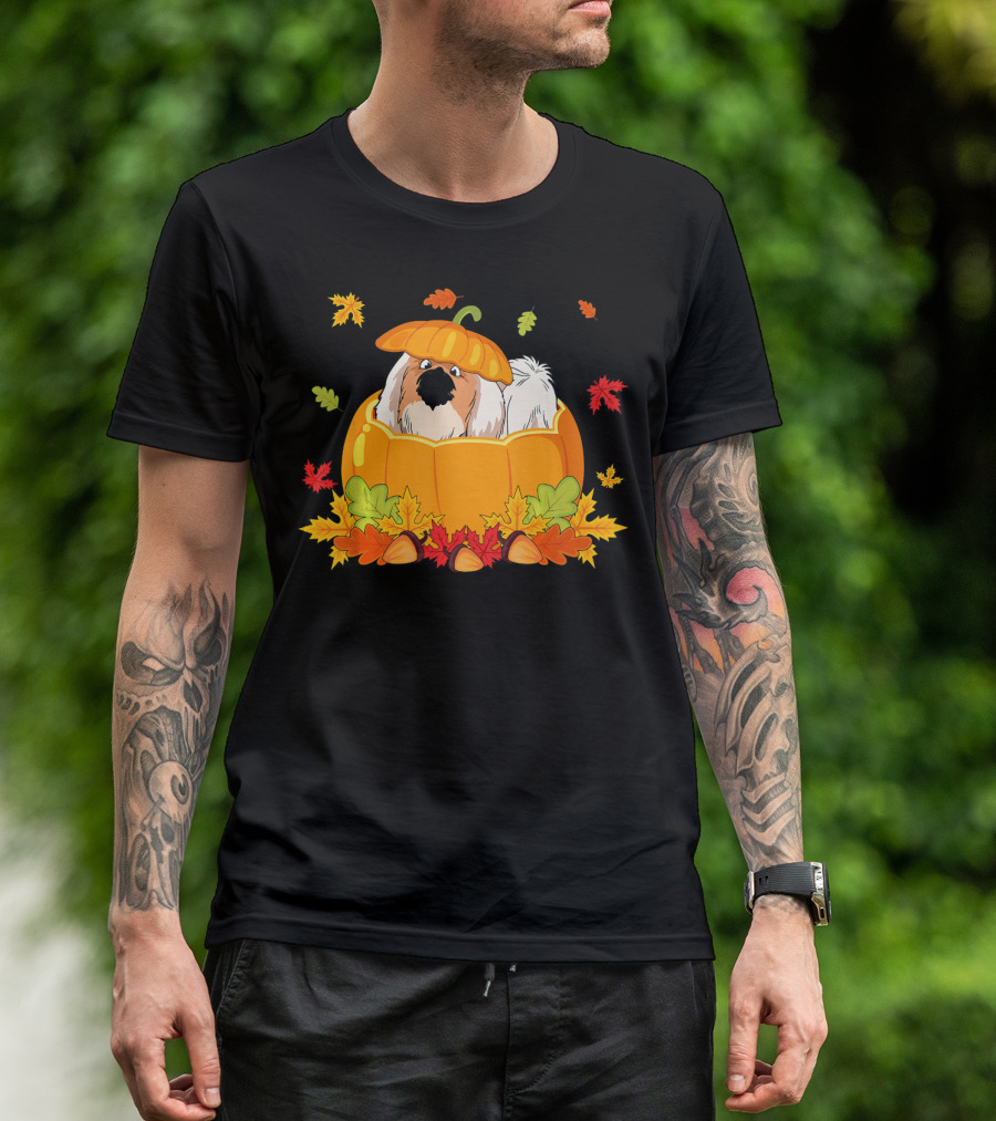 Thanksgiving Pekingese Inside Pumpkin With Autumn Leaves T-Shirt