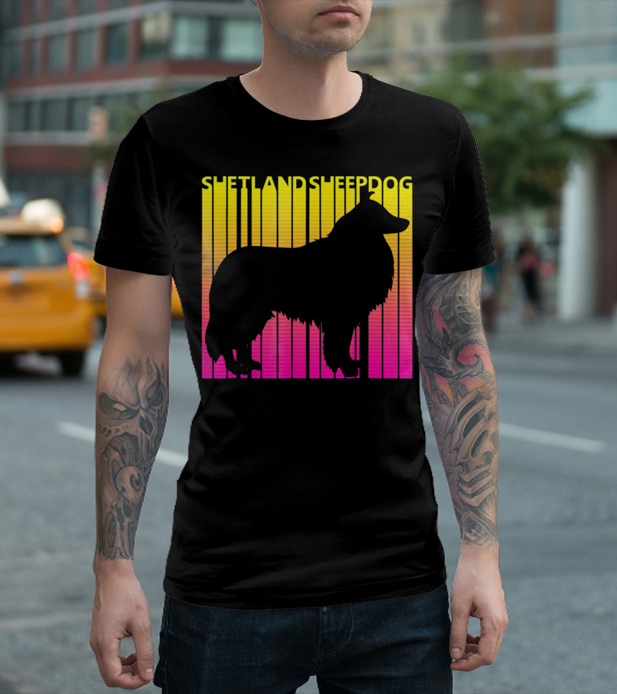 Shetland Sheepdog Silhouette With Retro Gradient Stripes T-Shirt