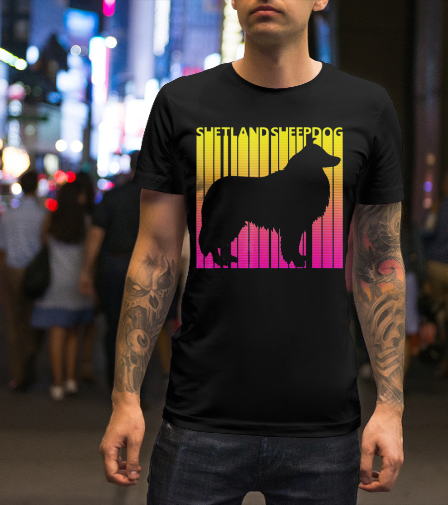 Shetland Sheepdog Silhouette With Retro Gradient Stripes T-Shirt