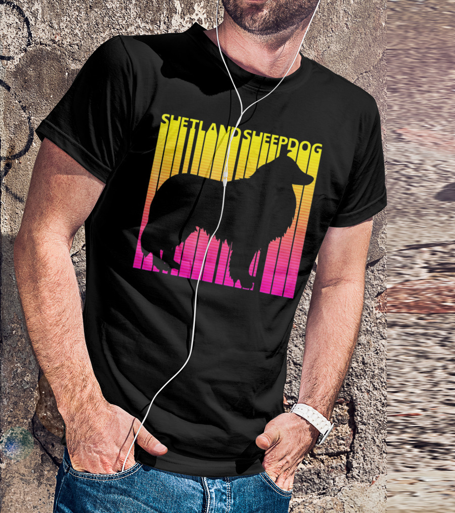 Shetland Sheepdog Silhouette With Retro Gradient Stripes T-Shirt
