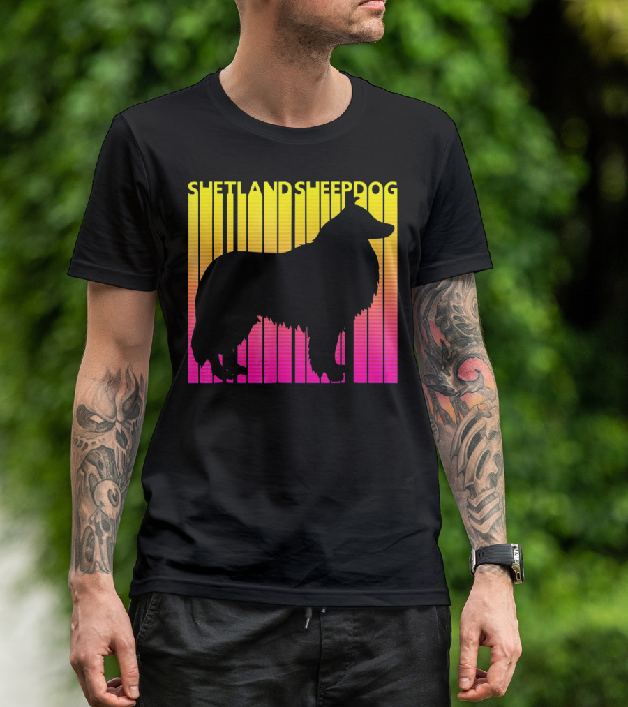 Shetland Sheepdog Silhouette With Retro Gradient Stripes T-Shirt
