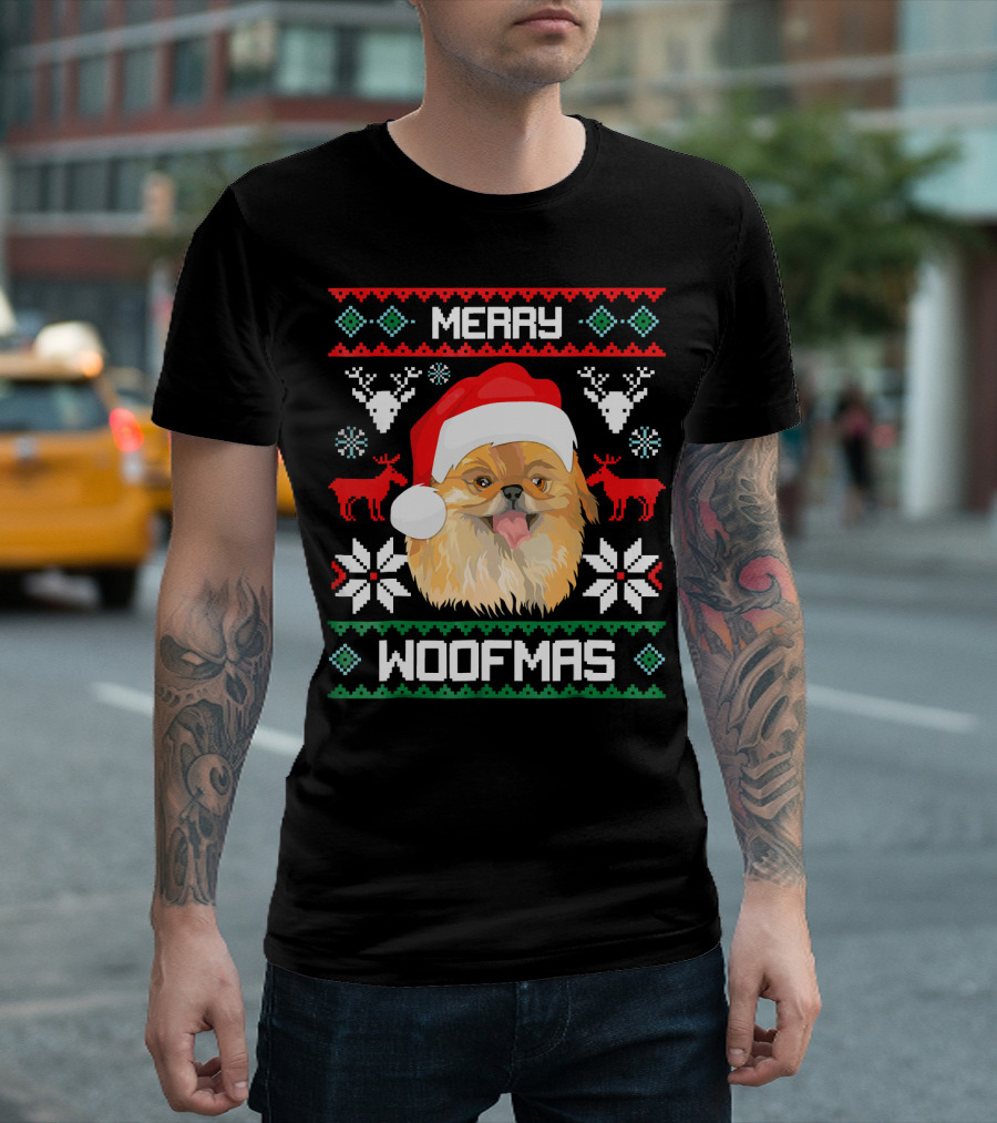 Merry Woofmas Pekingese Santa Claus Christmas Reindeer T-Shirt