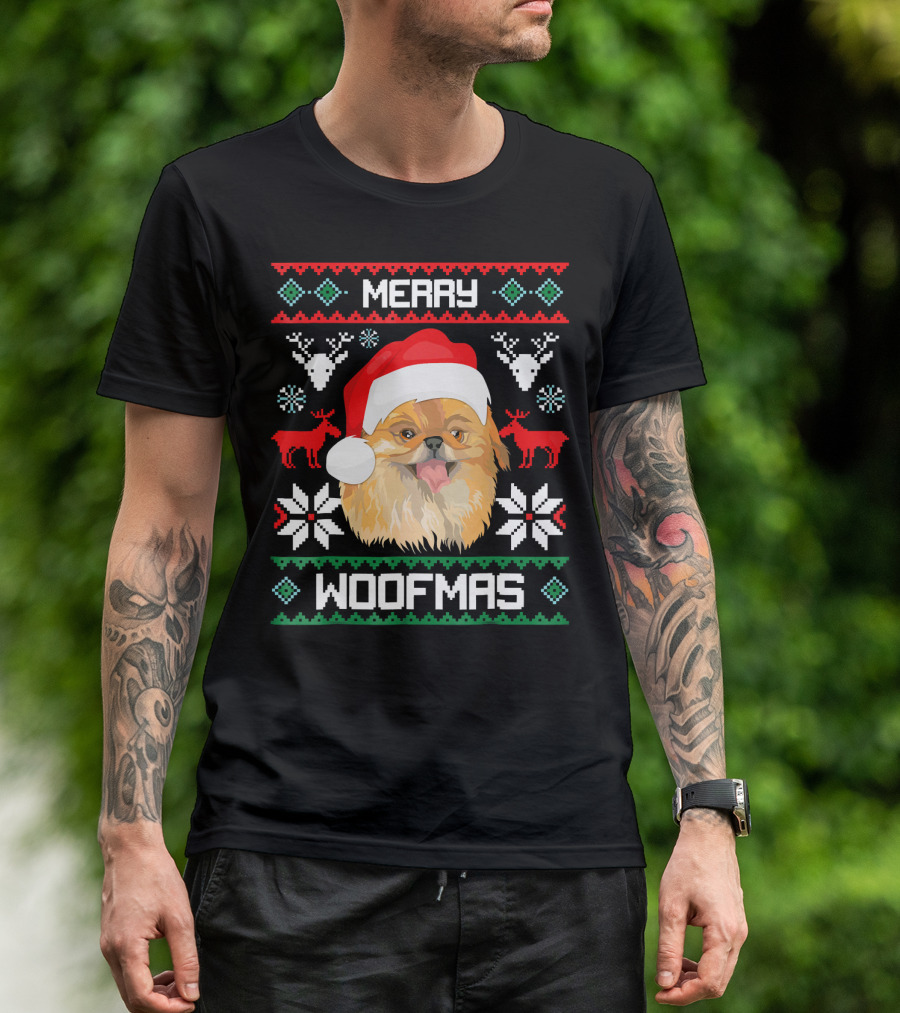 Merry Woofmas Pekingese Santa Claus Christmas Reindeer T-Shirt