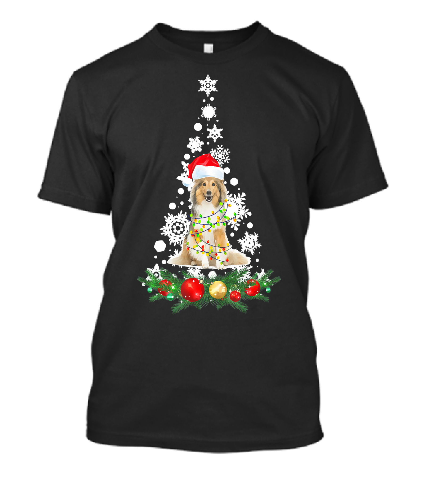 Sheltie Christmas Dog Santa Hat Festive Lights Snowflake Tree T-Shirt