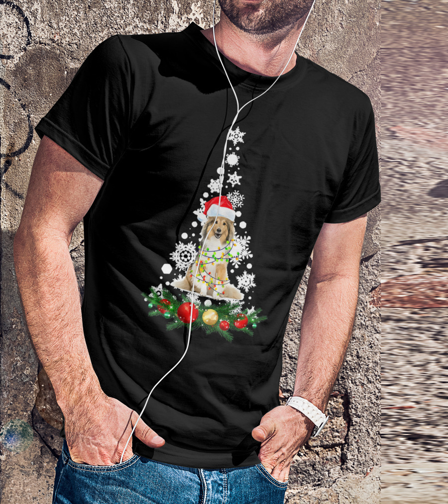 Sheltie Christmas Dog Santa Hat Festive Lights Snowflake Tree T-Shirt