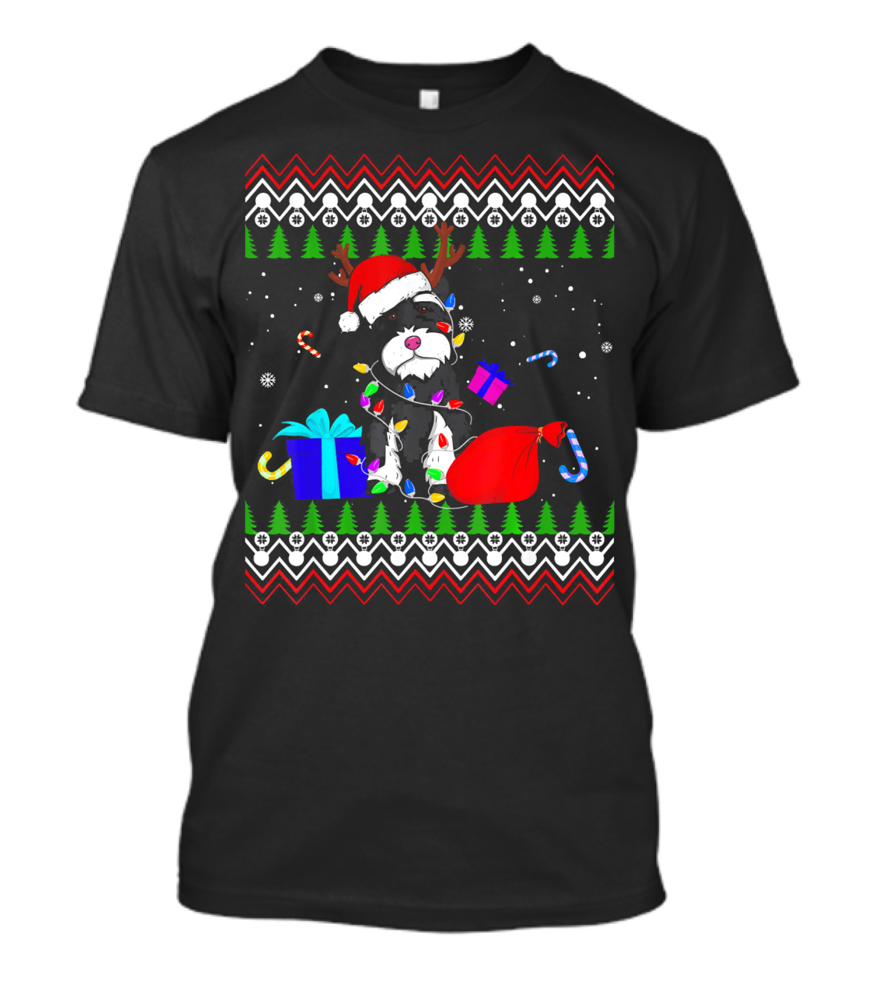 Schnauzer Ugly Christmas Tree Santa Hat Festive Gifts Candy Cane Antlers Lights T-Shirt