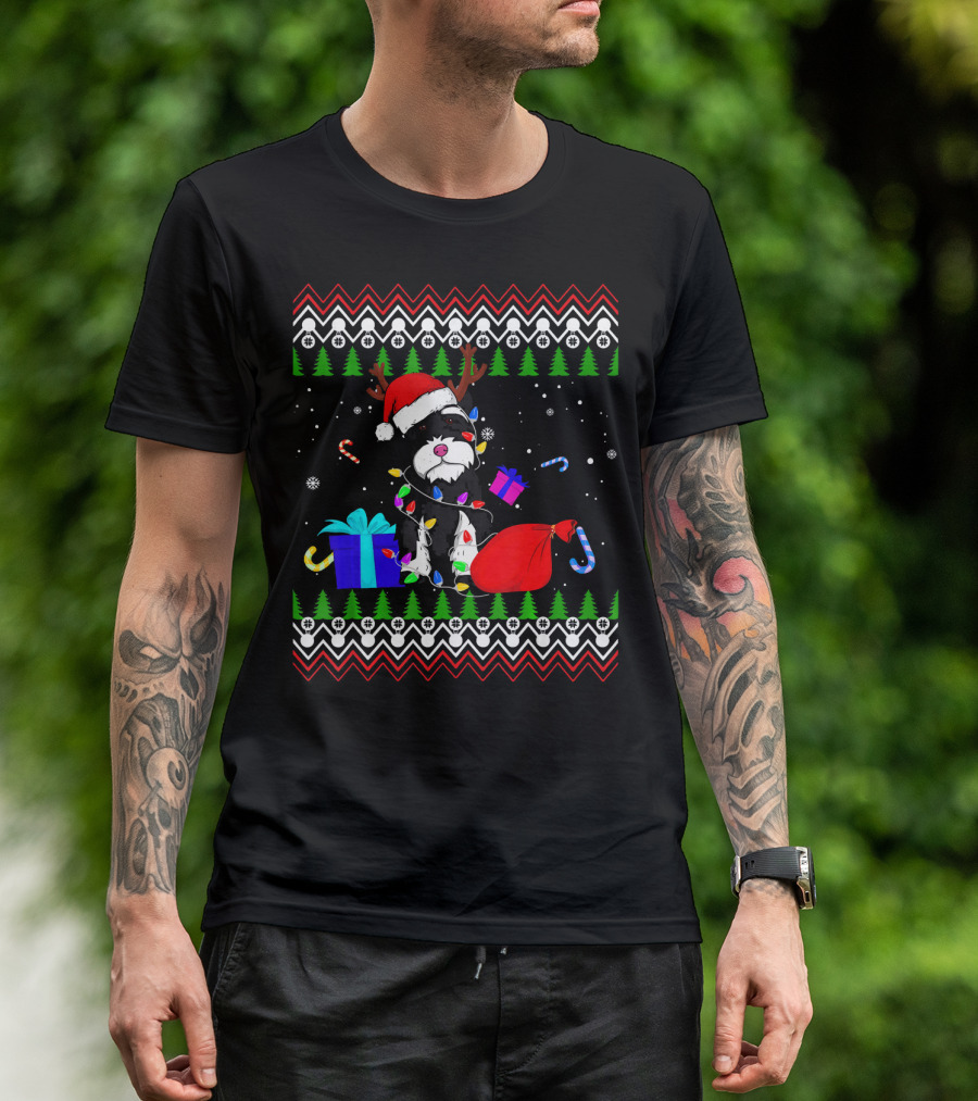 Schnauzer Ugly Christmas Tree Santa Hat Festive Gifts Candy Cane Antlers Lights T-Shirt