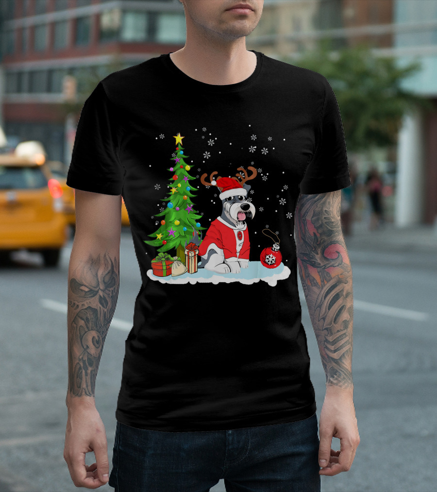 Schnauzer Dog Father Matching Fam Christmas Scene with Santa T-Shirt