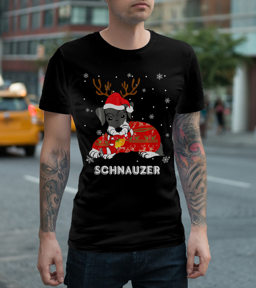 Schnauzer Christmas Reindeer Sweater Santa Hat Snowflakes T-Shirt
