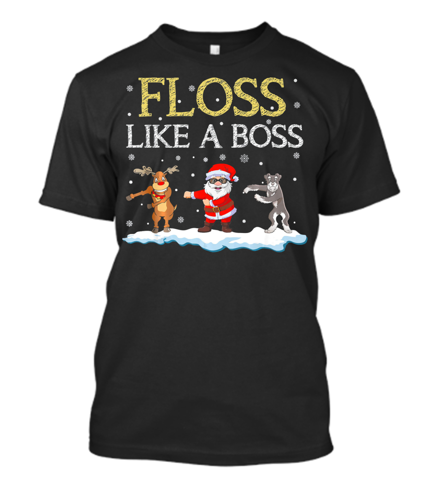 Floss Like A Boss Santa Reindeer Schnauzer Dancing Snowflakes T-Shirt