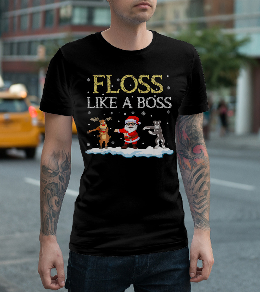 Floss Like A Boss Santa Reindeer Schnauzer Dancing Snowflakes T-Shirt