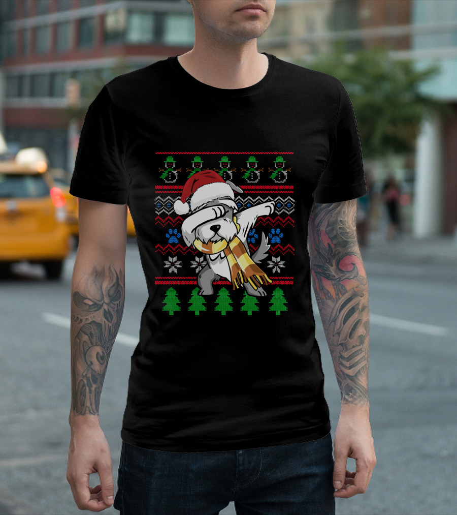 Miniature Schnauzer Dabbing Ugly Christmas T-Shirt