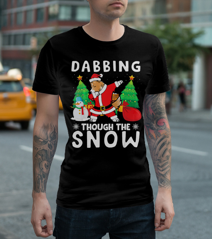 Dabbing Through The Snow Sheltie Christmas Scene T-Shirt