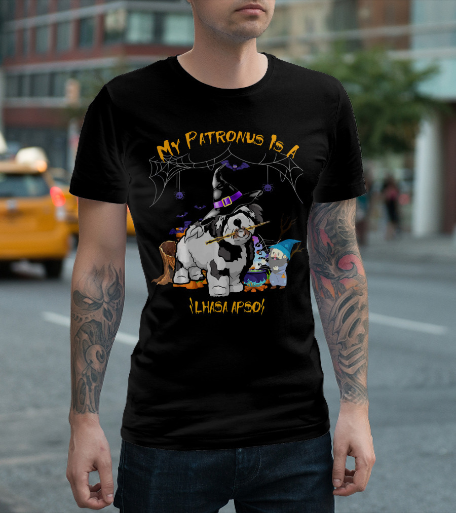My Patronus Is A Lhasa Apso Halloween Dog Witch Hat Bats Spiders Cauldron T-Shirt