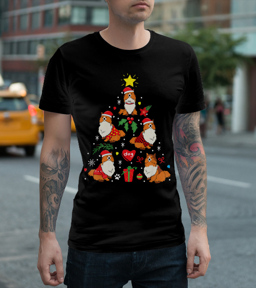 Christmas Tree Shetland Sheepdog Sheltie Santa Hat Dog T-Shirt