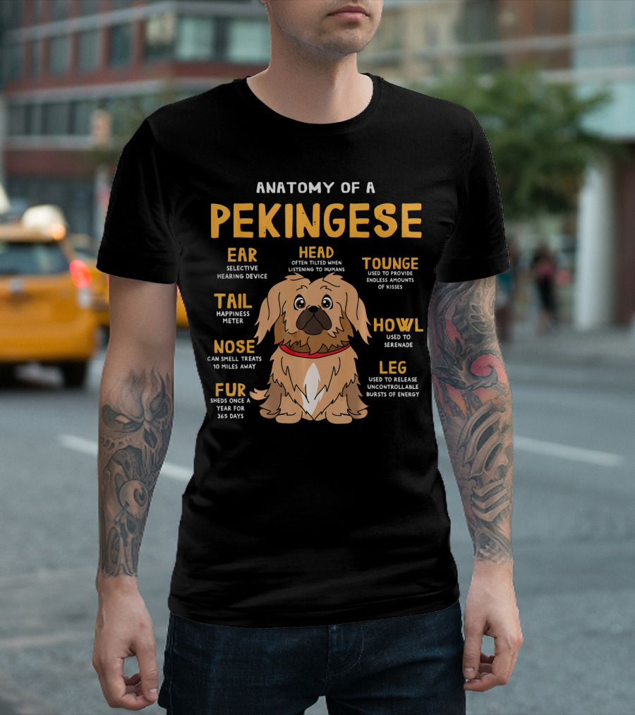 Anatomy of a Pekingese Dog Funny Diagram with Ear Head Tongue Tail Nose Fur Howl Leg T-Shirt