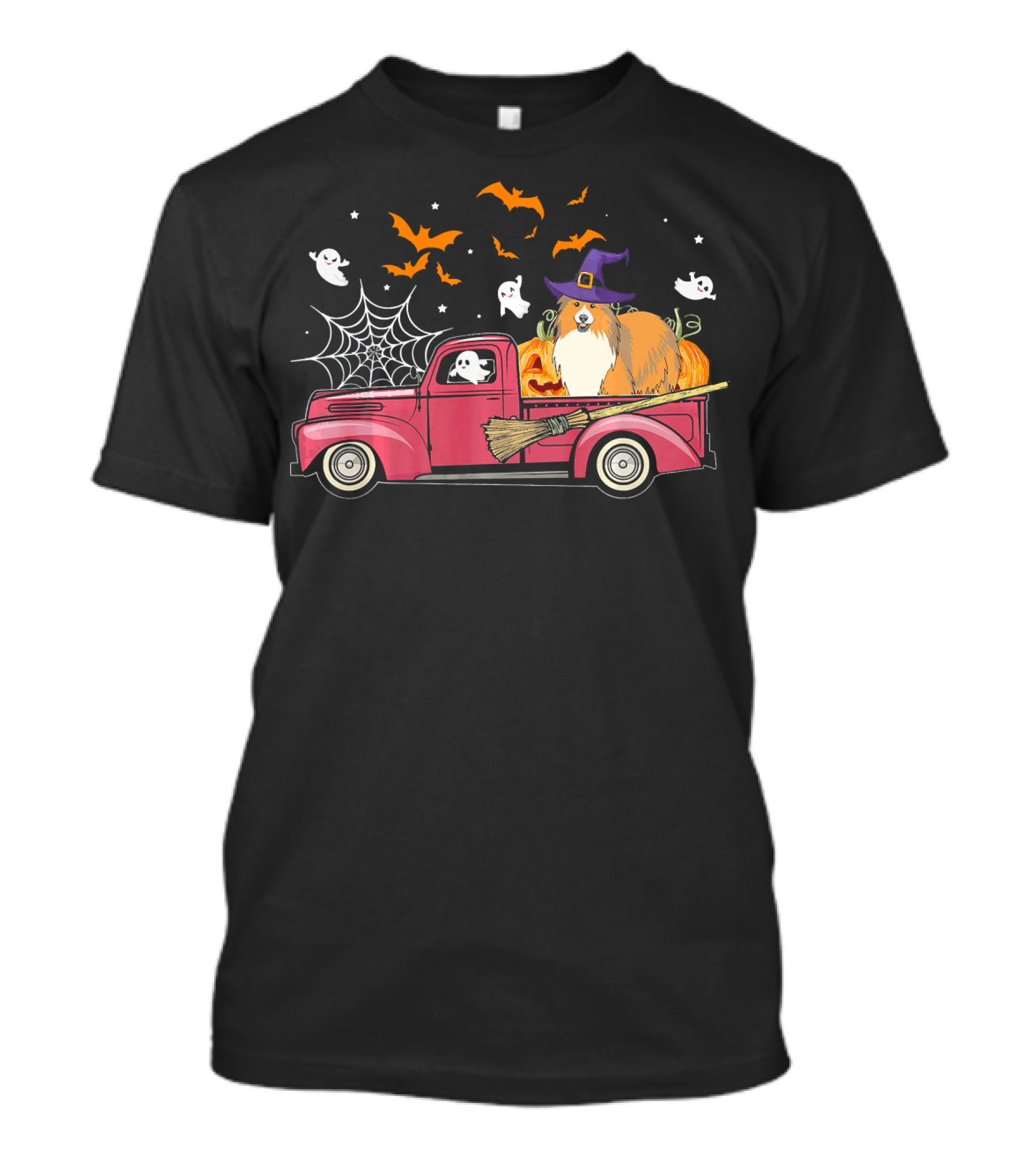 Sheltie Riding Red Truck With Pumpkins And Halloween Ghosts T-Shirt