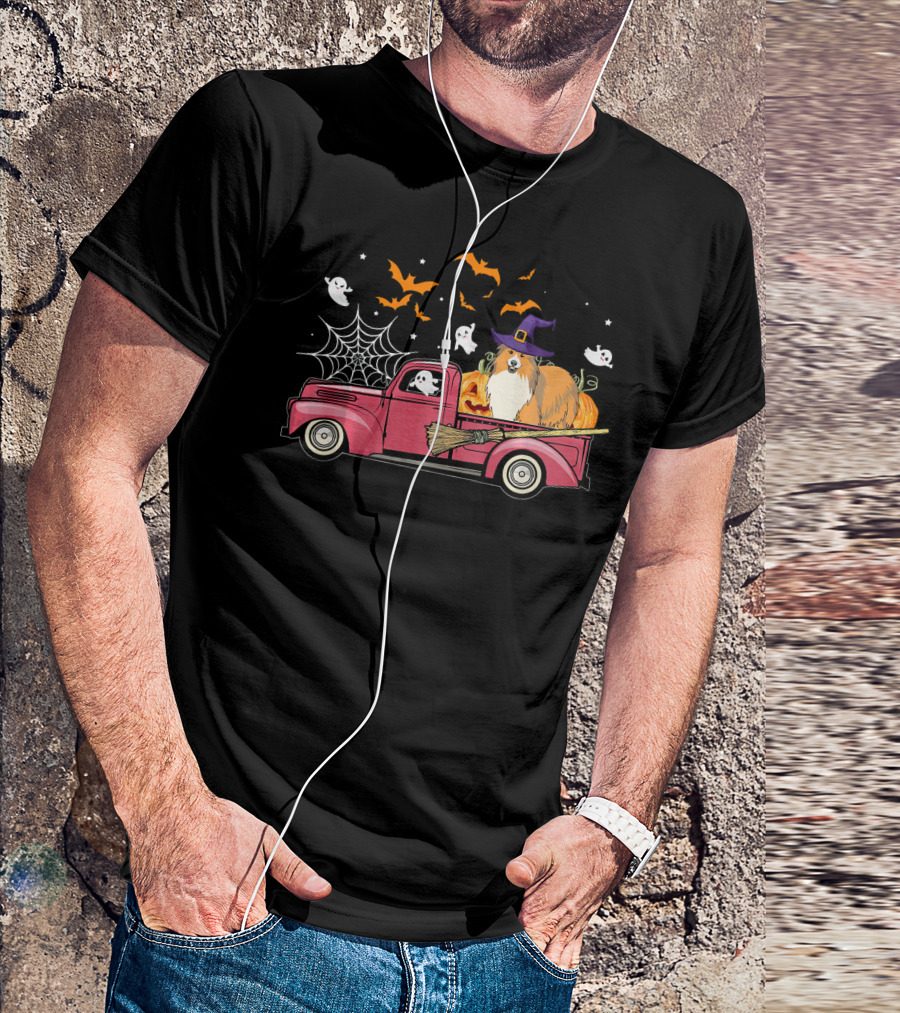 Sheltie Riding Red Truck With Pumpkins And Halloween Ghosts T-Shirt