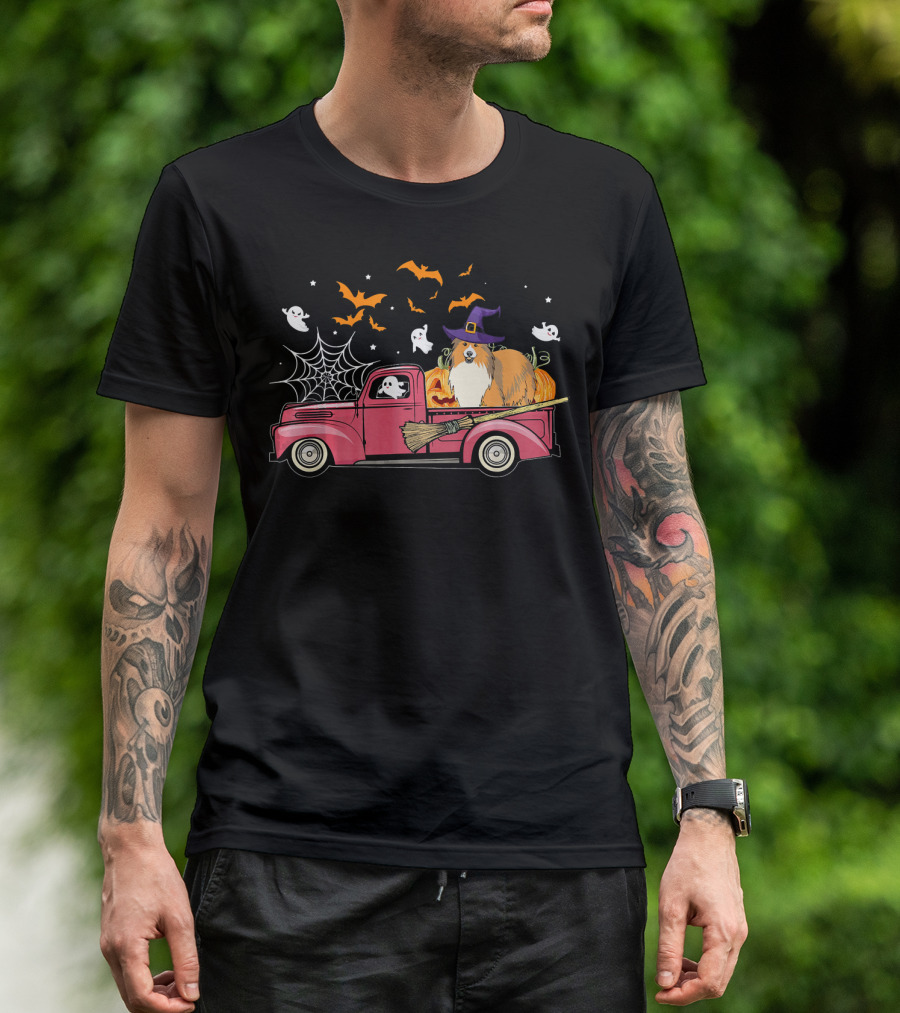 Sheltie Riding Red Truck With Pumpkins And Halloween Ghosts T-Shirt