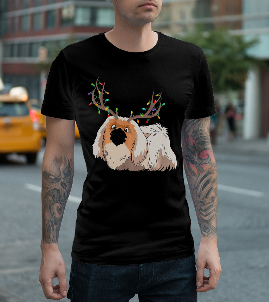 Pekingese Reindeer Horn Christmas Lights Funny Family Mat T-Shirt