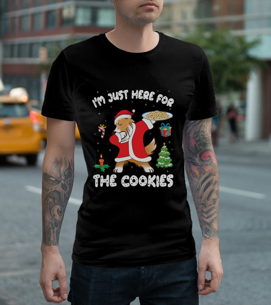 I'm Just Here for the Cookies Sheltie Dog Dabbing Christmas Tree T-Shirt