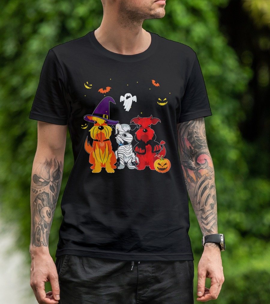 Schnauzer Halloween Witch Dog Devil Ghost Mummy Pumpkin Bats T-Shirt