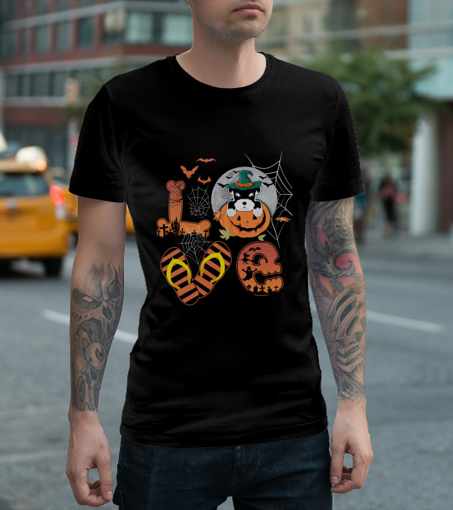 Schnauzer Pumpkin Halloween L-O-V-E Spooky Webs and Bats T-Shirt