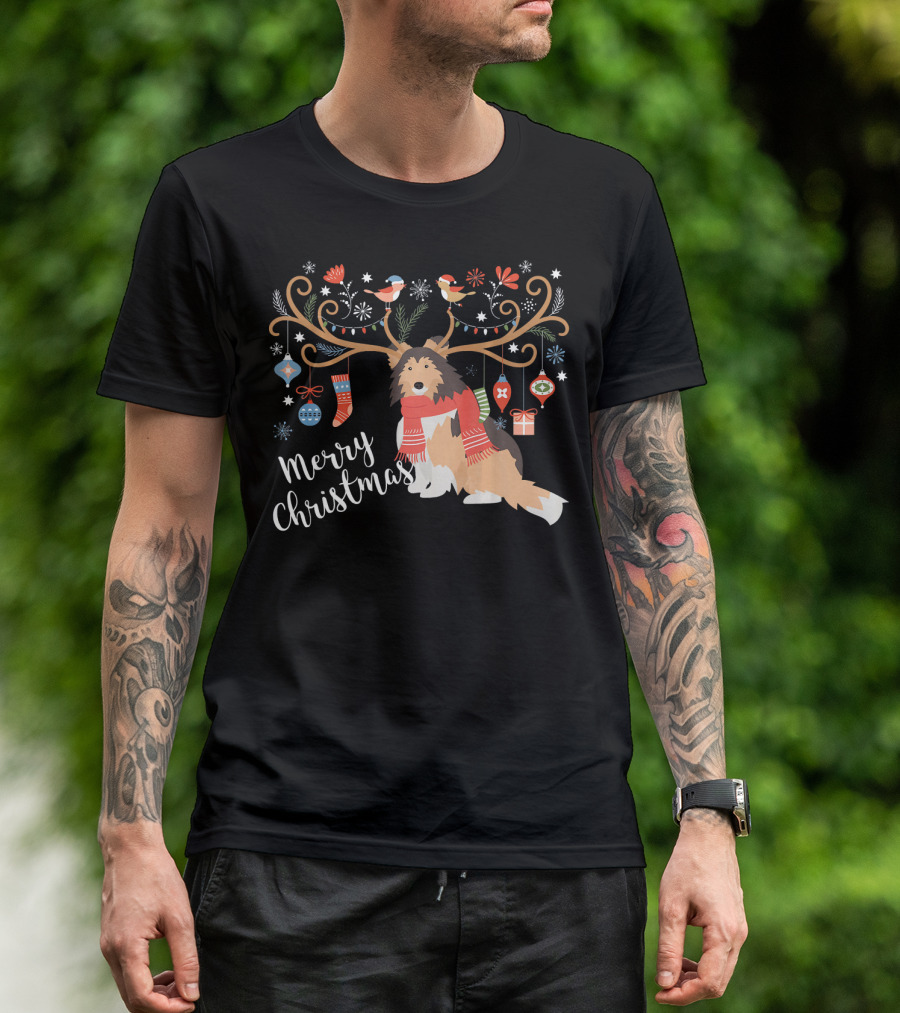 Merry Christmas Shetland Sheepdog Sheltie Holiday Decorations T-Shirt