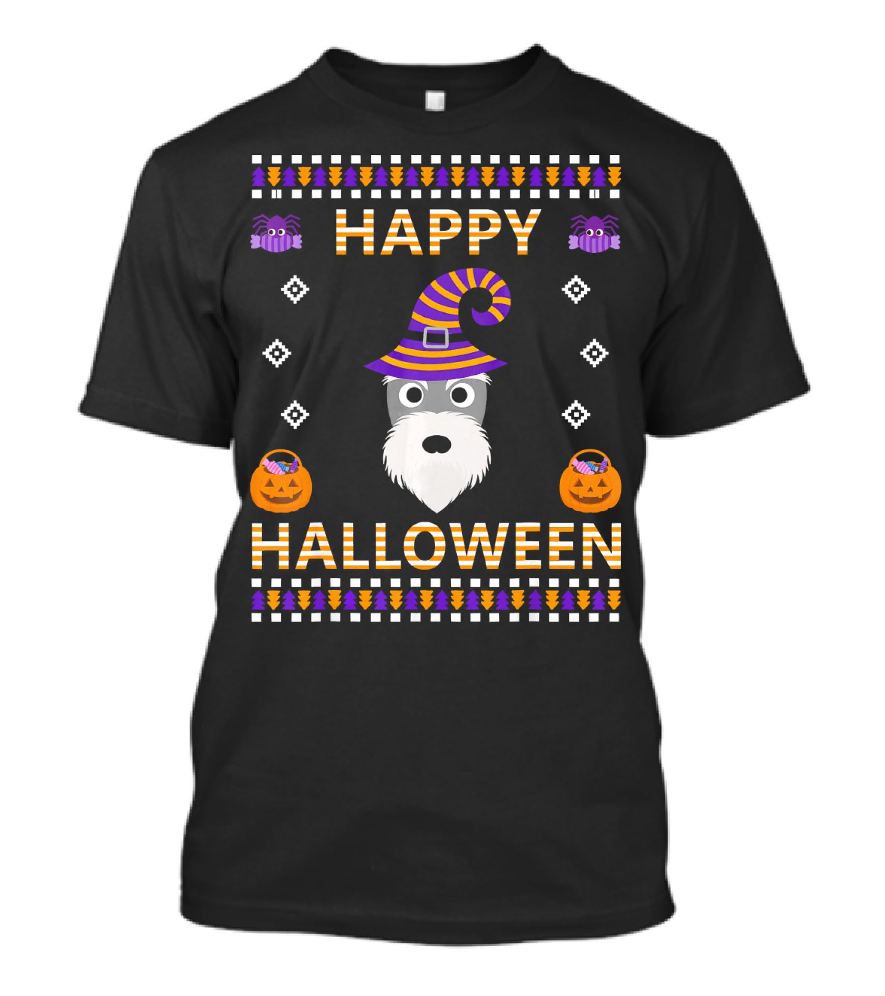Happy Halloween Schnauzer Witch Hat Pumpkin Spiders T-Shirt