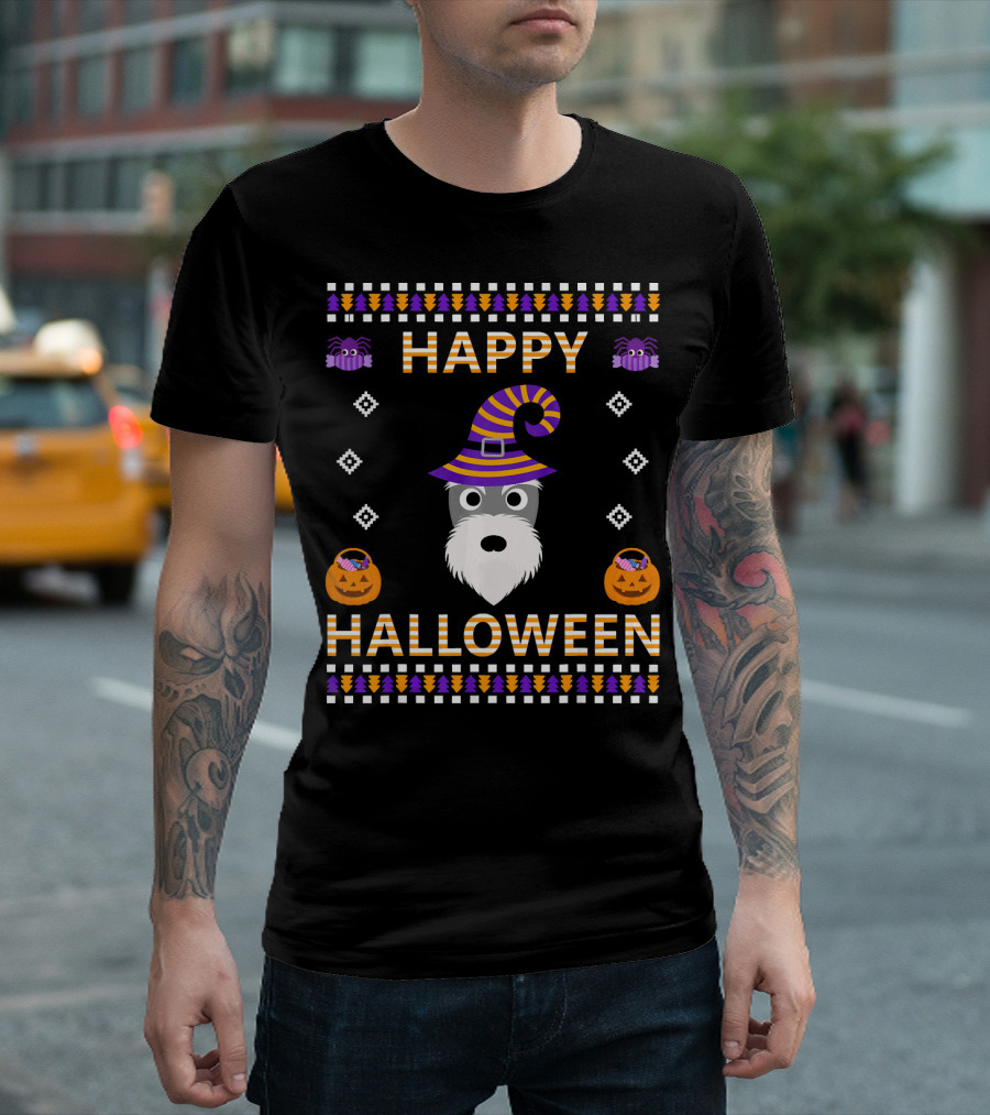 Happy Halloween Schnauzer Witch Hat Pumpkin Spiders T-Shirt