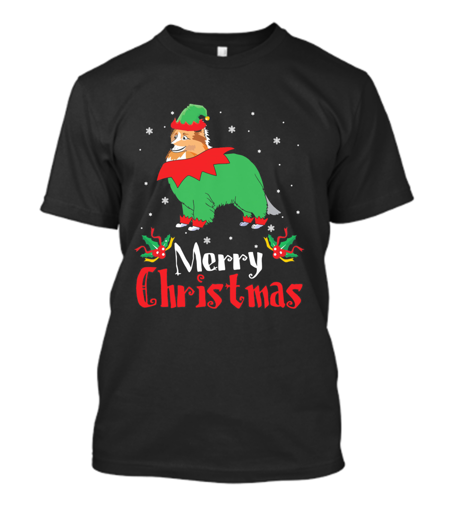 Merry Christmas Sheltie In Elf Costume With Snowflakes T-Shirt
