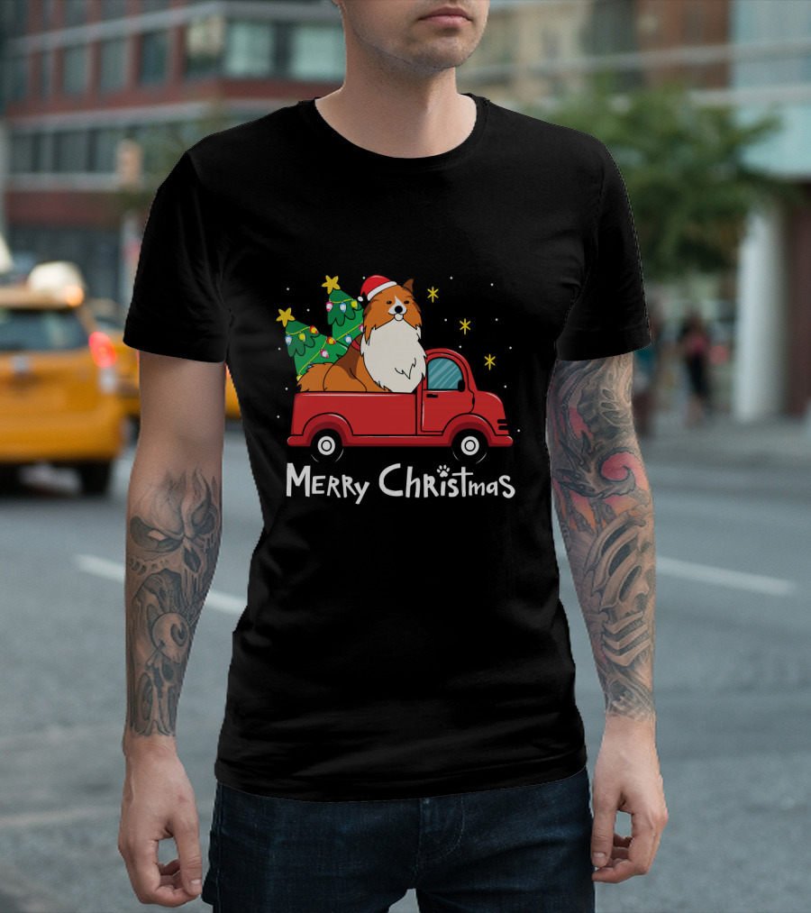 Merry Christmas Sheltie Sheepdog Red Truck Tree T-Shirt
