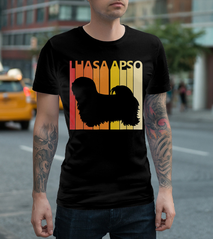 Vintage Lhasa Apso Retro Silhouette Sunset Stripes T-Shirt