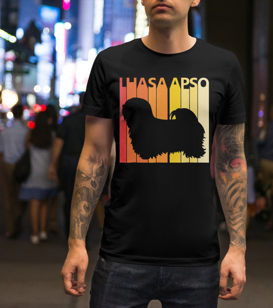 Vintage Lhasa Apso Retro Silhouette Sunset Stripes T-Shirt