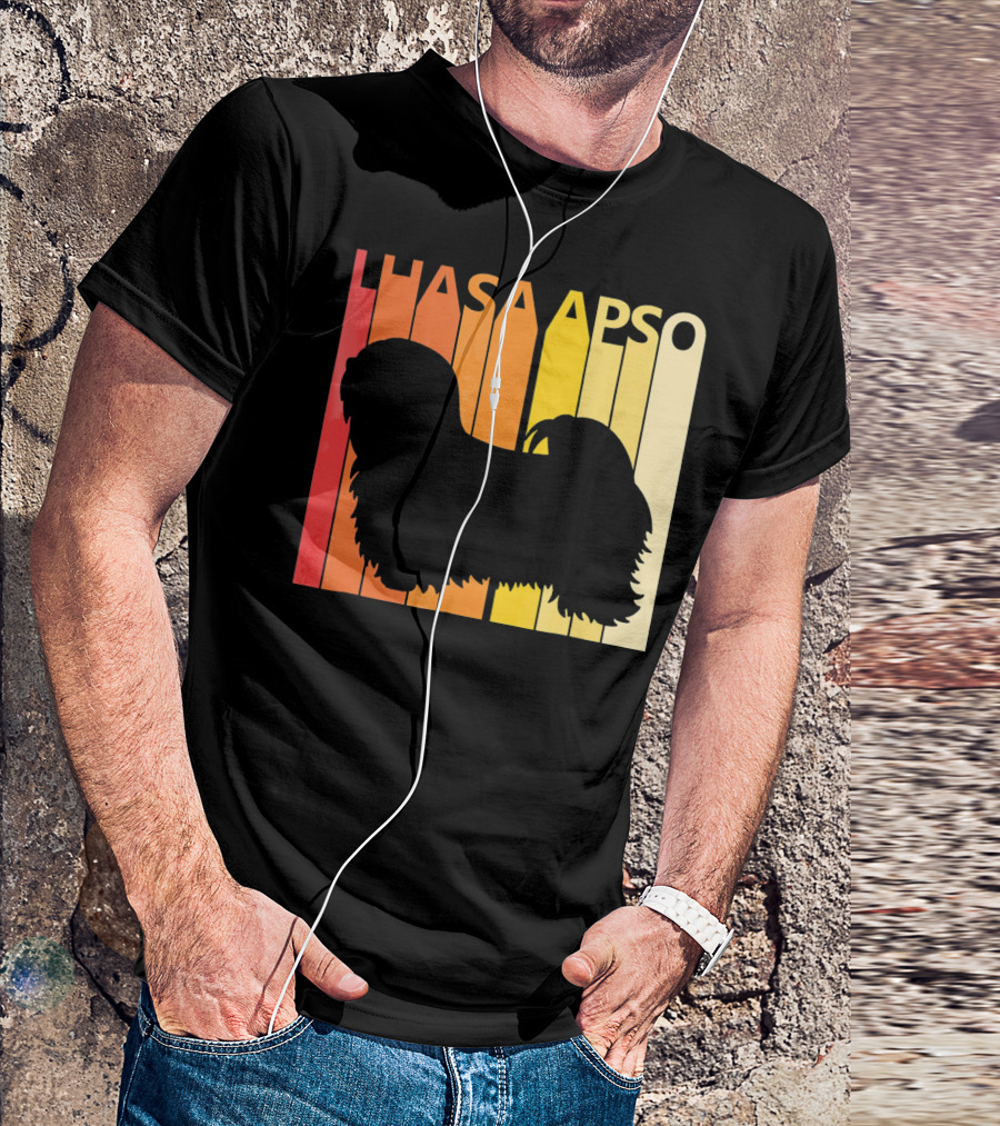 Vintage Lhasa Apso Retro Silhouette Sunset Stripes T-Shirt