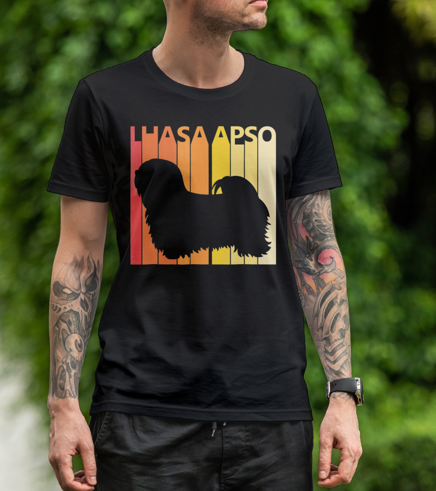Vintage Lhasa Apso Retro Silhouette Sunset Stripes T-Shirt