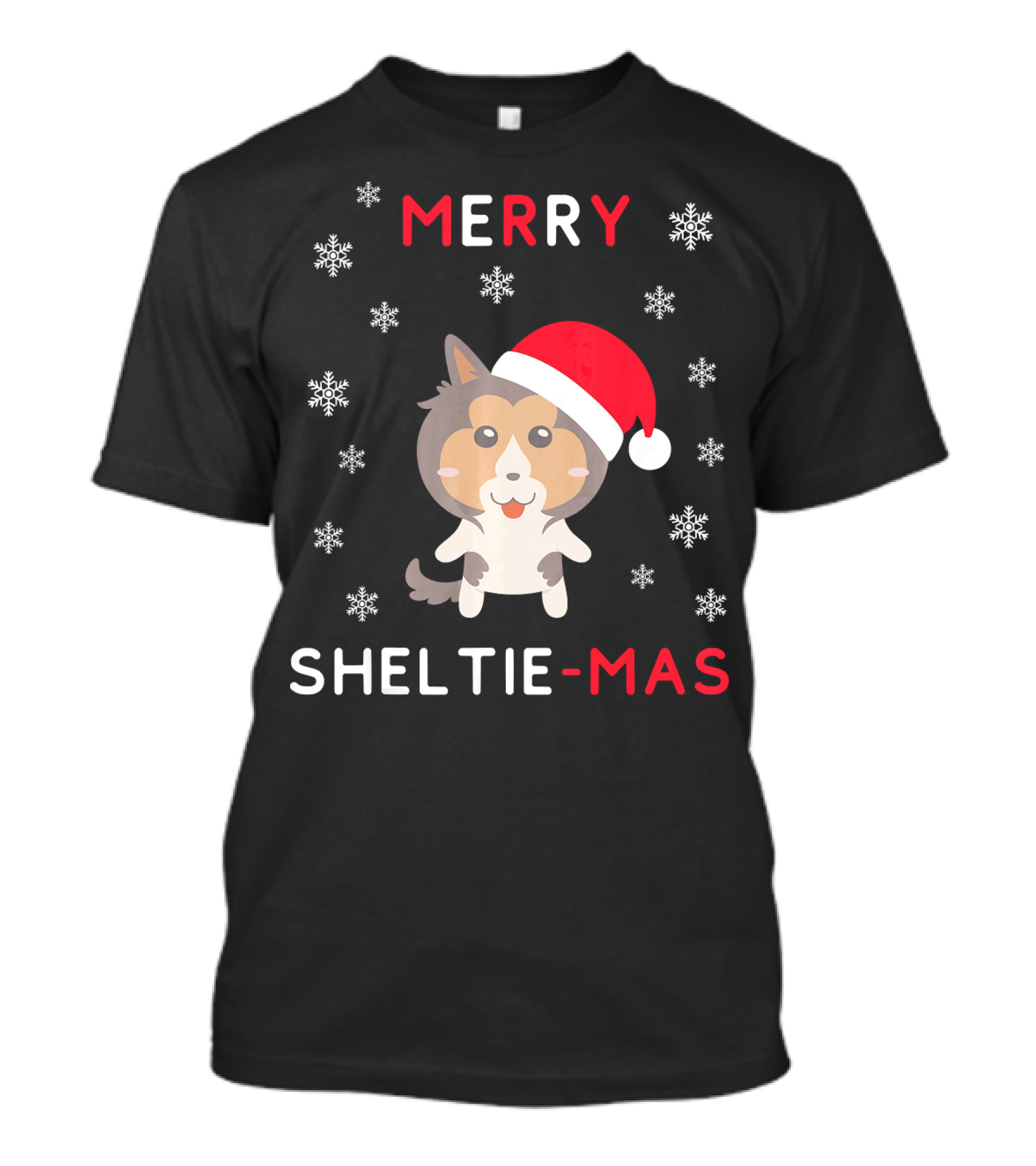 Merry Sheltie Mas Funny Christmas Shetland Sheepdog Santa Hat Snowflakes T-Shirt