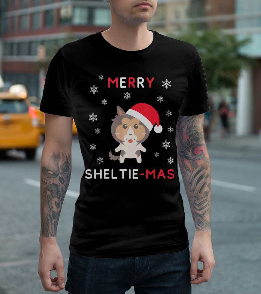 Merry Sheltie Mas Funny Christmas Shetland Sheepdog Santa Hat Snowflakes T-Shirt
