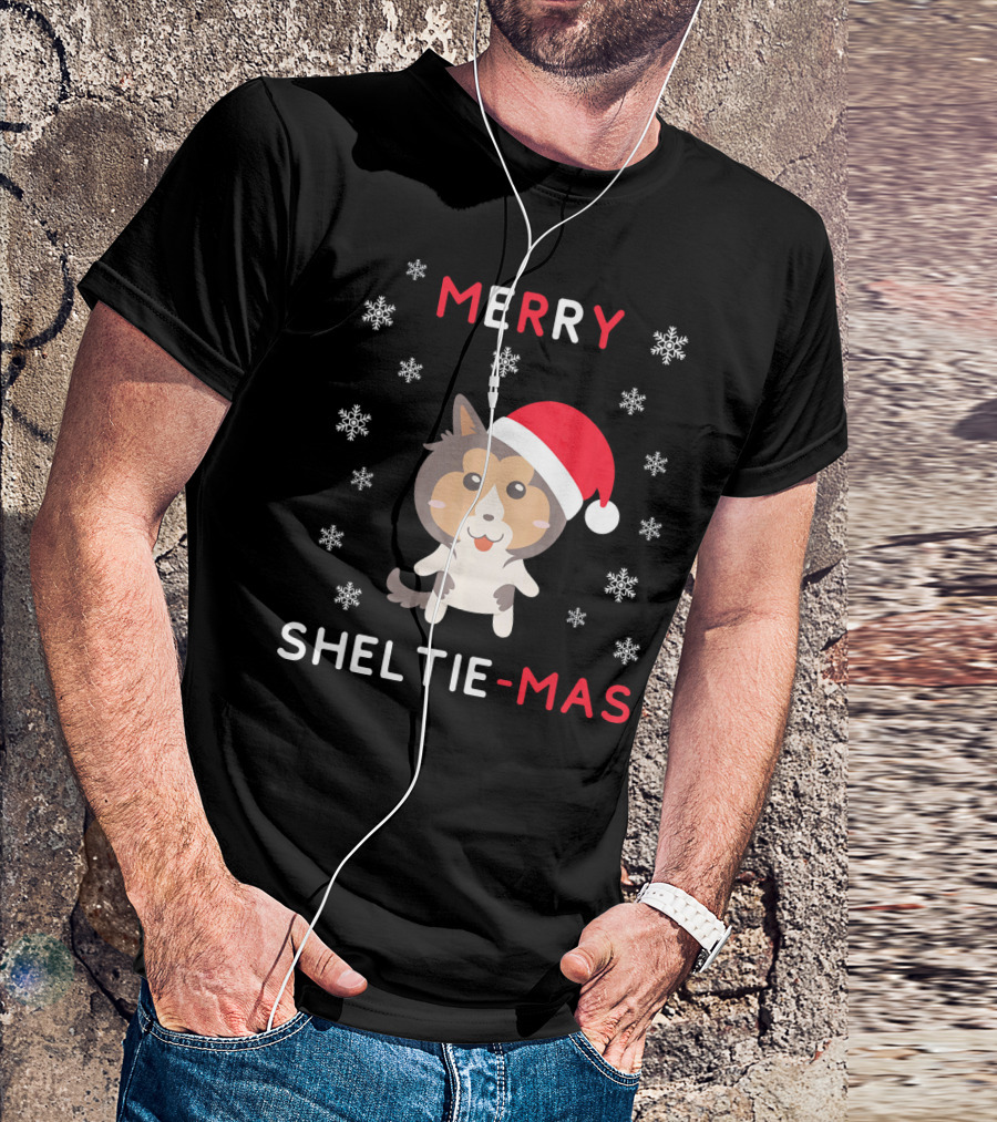 Merry Sheltie Mas Funny Christmas Shetland Sheepdog Santa Hat Snowflakes T-Shirt