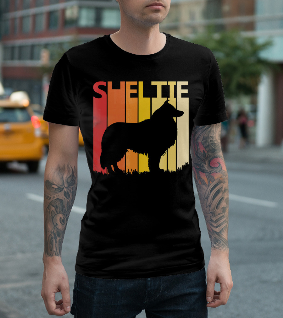 Retro Sheltie Dog Silhouette Vintage Sunset T-Shirt