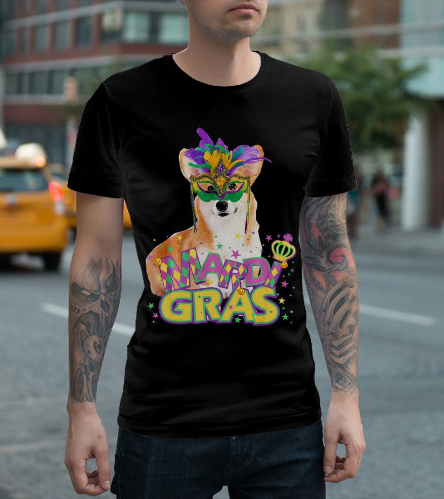 Mardi Gras Pembroke Welsh Corgi with Festive Mask and Crown T-Shirt