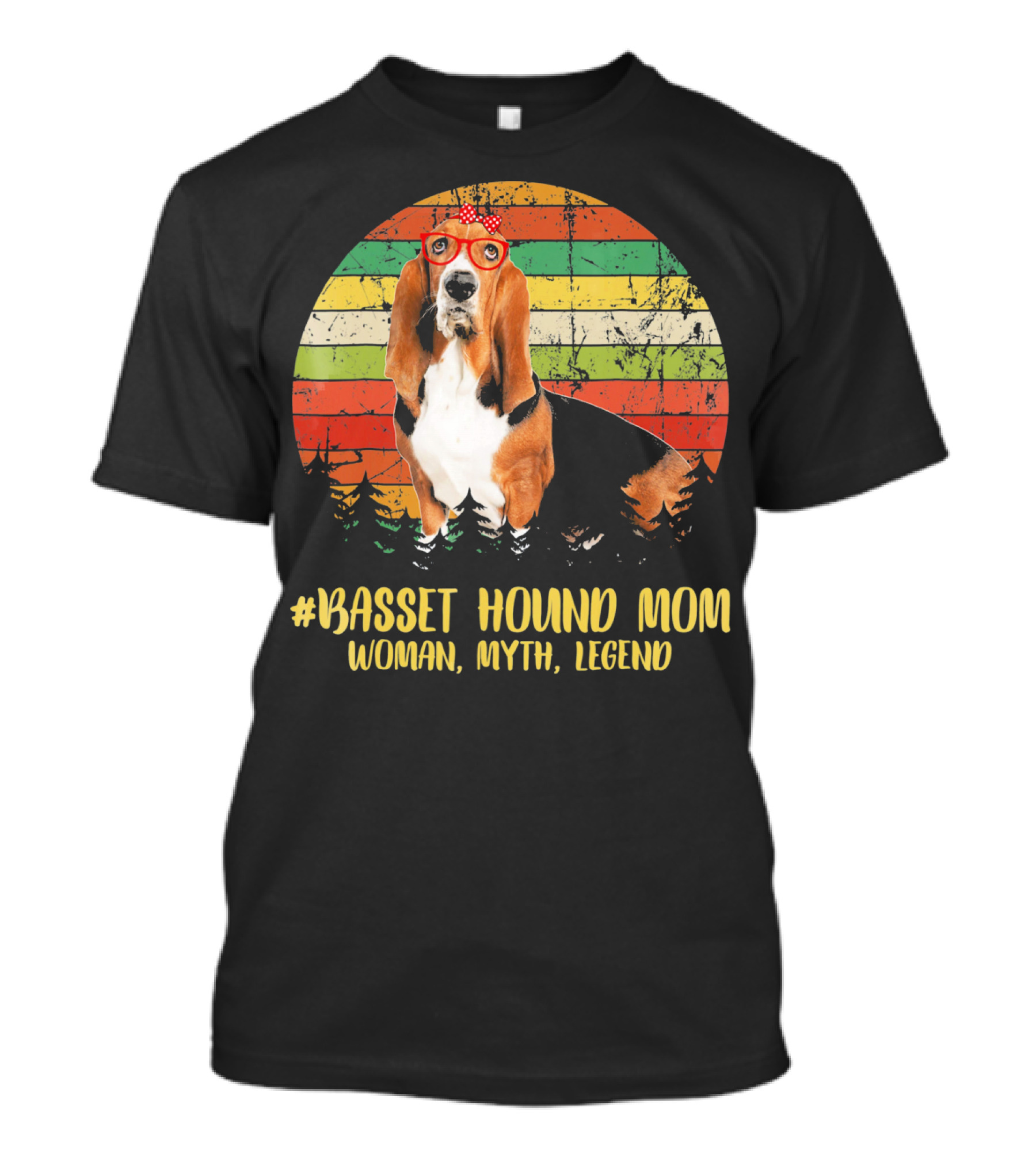 Basset Hound Mom Woman Myth Legend Retro Sunset Forest T-Shirt