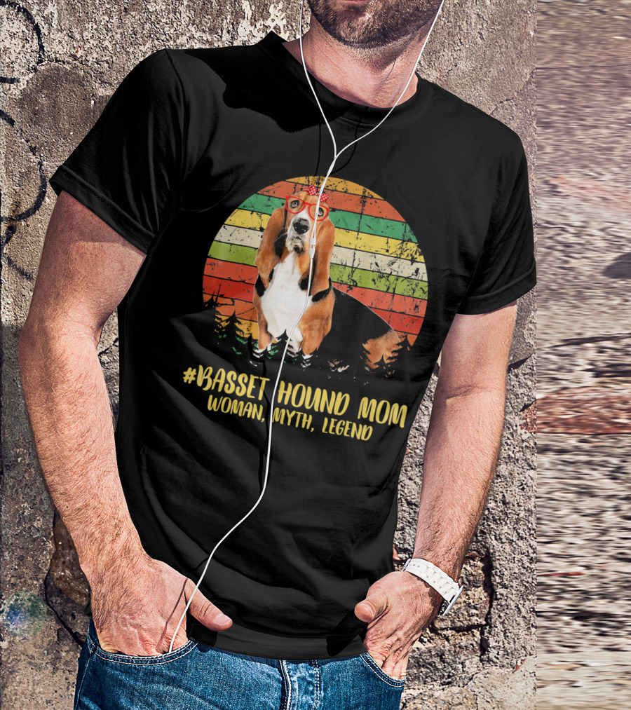 Basset Hound Mom Woman Myth Legend Retro Sunset Forest T-Shirt