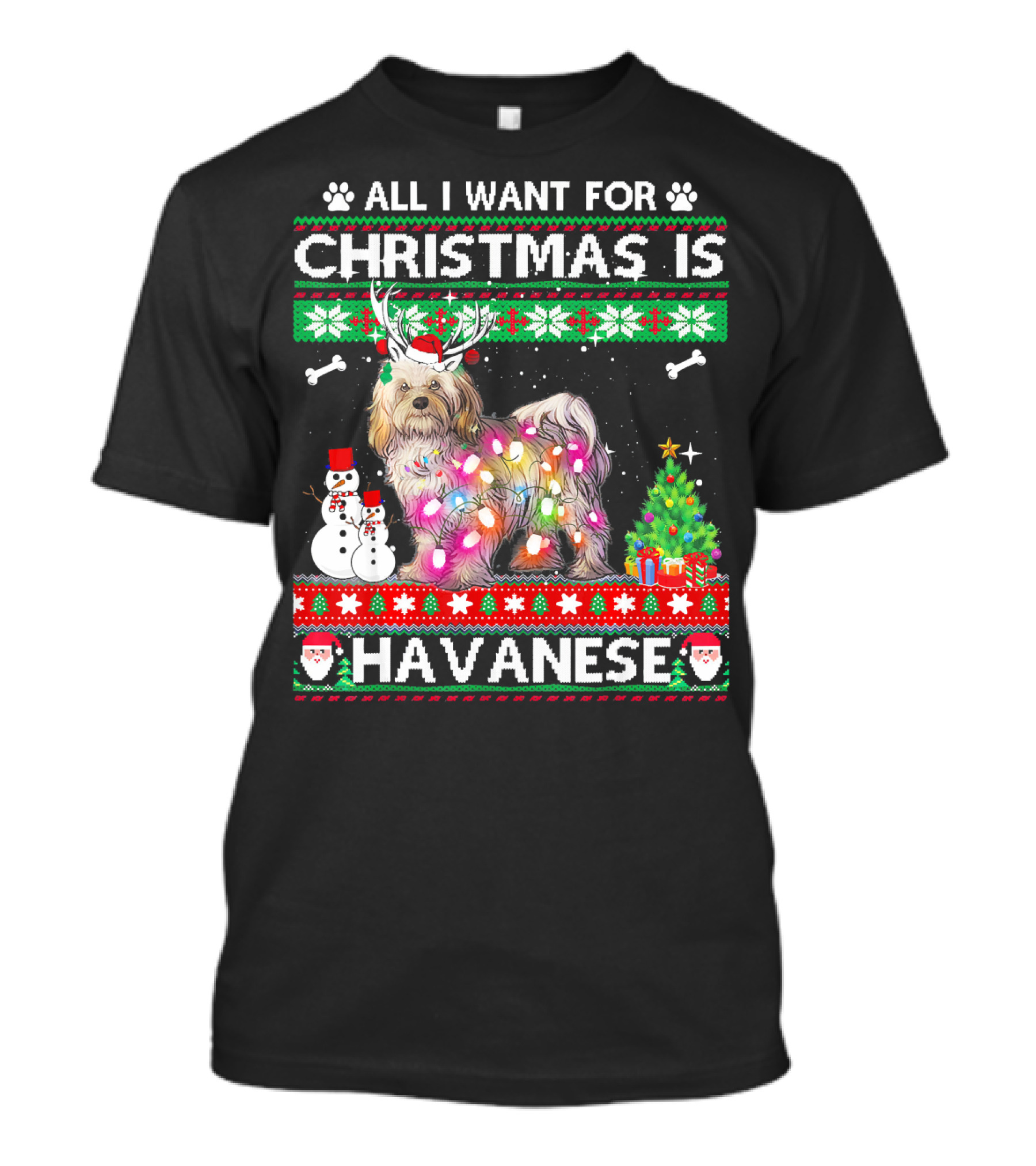All I Want For Christmas Is Havanese Reindeer Lights Snowman Tree T-Shirt