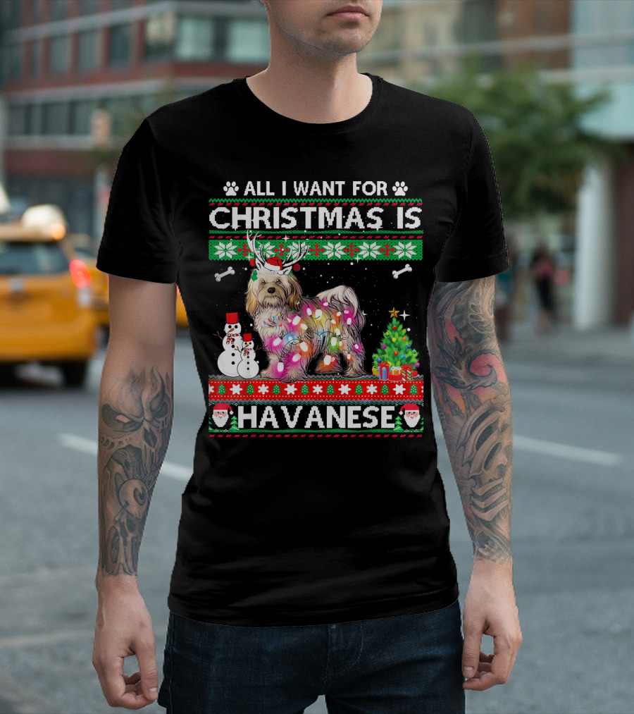 All I Want For Christmas Is Havanese Reindeer Lights Snowman Tree T-Shirt